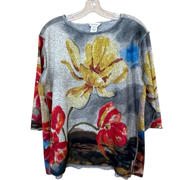 Multiples Floral Print Long Sleeve Top, 3/4 Sleeve, Petite Large - Picture 4 of 11